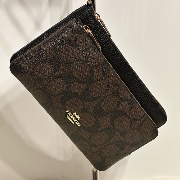 NWT Coach Double Zipper Wristlet Wallet Signature Canvas CU920 Brown Black - Picture 11 of 13